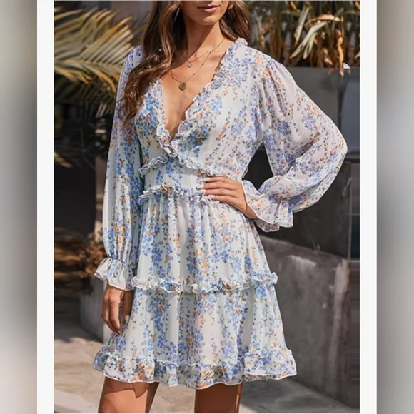 Sold In Live Show- Floral Blue and White Ruffle V' Neck Women's Backless Dress - Picture 2 of 5